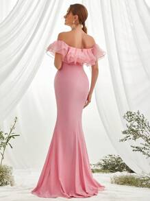 Maternity Off Shoulder Ruffle Trim Mermaid Hem Elegant Dress, For Party - Pink - View 3