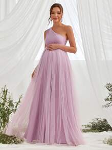 Maternity Asymmetrical Neck Mesh Elegant Dress, For Party - Mauve Purple - View 2