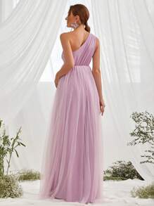 Maternity Asymmetrical Neck Mesh Elegant Dress, For Party - Mauve Purple - View 3