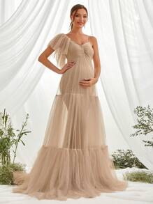 Maternity Ruched Ruffle Hem Mesh Elegant Dress, For Party
