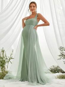 Maternity Solid Mesh Overlay Elegant Dress, For Party - Green - View 5