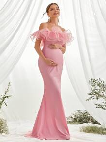 Maternity Off Shoulder Ruffle Trim Mermaid Hem Elegant Dress, For Party - Pink - View 5