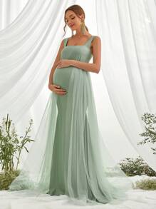 Maternity Solid Mesh Overlay Elegant Dress, For Party - Green - View 6