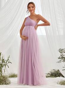 Maternity Asymmetrical Neck Mesh Elegant Dress, For Party - Mauve Purple - View 4