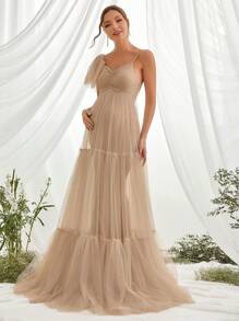 Maternity Ruched Ruffle Hem Mesh Elegant Dress, For Party