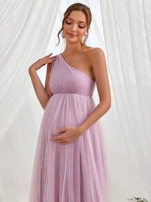 Maternity Asymmetrical Neck Mesh Elegant Dress, For Party - Mauve Purple - View 6