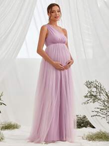 Maternity Asymmetrical Neck Mesh Elegant Dress, For Party - Mauve Purple - View 7