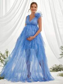 Maternity Stereo Flower Mesh Overlay Elegant Dress, For Party - Blue - View 2