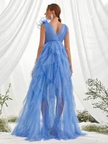 Maternity Stereo Flower Mesh Overlay Elegant Dress, For Party - Blue - View 3