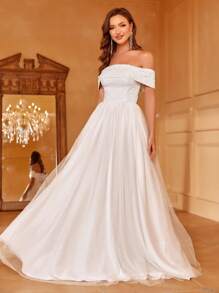 一字肩亮片拼接網紗婚紗連衣裙 - 白色 - 查看 1