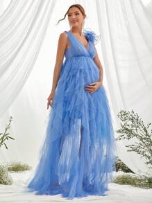 Maternity Stereo Flower Mesh Overlay Elegant Dress, For Party - Blue - View 4