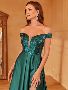 Faeriesty 露肩撞色亮片开叉大腿缎面伴娘礼服优雅正式晚会舞会婚礼宾客礼服，适合毕业典礼、晚宴、圣诞节 - 墨綠色 - 查看 3