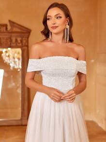 一字肩亮片拼接網紗婚紗連衣裙 - 白色 - 查看 4