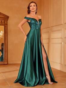 Faeriesty 露肩撞色亮片开叉大腿缎面伴娘礼服优雅正式晚会舞会婚礼宾客礼服，适合毕业典礼、晚宴、圣诞节 - 墨綠色 - 查看 5