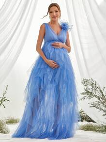 Maternity Stereo Flower Mesh Overlay Elegant Dress, For Party - Blue - View 7