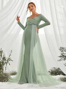 Maternity Off Shoulder Mesh Overlay Elegant Dress, For Party - Green - View 2