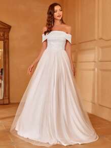 一字肩亮片拼接網紗婚紗連衣裙 - 白色 - 查看 6