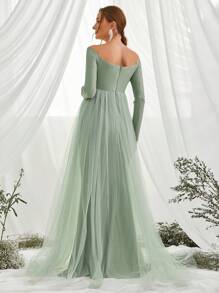 Maternity Off Shoulder Mesh Overlay Elegant Dress, For Party - Green - View 3