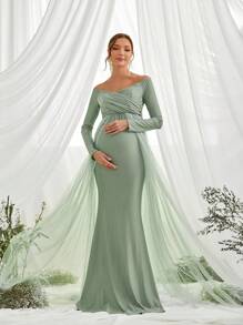 Maternity Off Shoulder Mesh Overlay Elegant Dress, For Party - Green - View 4