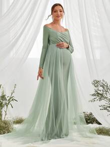 Maternity Off Shoulder Mesh Overlay Elegant Dress, For Party - Green - View 5