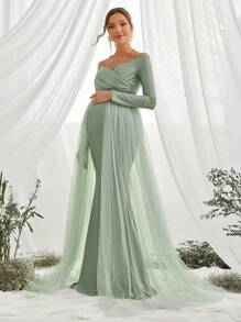 Maternity Off Shoulder Mesh Overlay Elegant Dress, For Party - Green - View 6