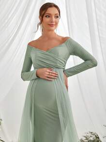 Maternity Off Shoulder Mesh Overlay Elegant Dress, For Party - Green - View 7