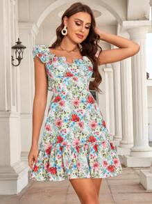 印花荷葉邊連衣裙