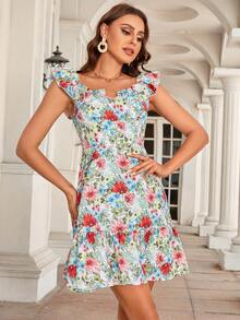 印花荷葉邊連衣裙