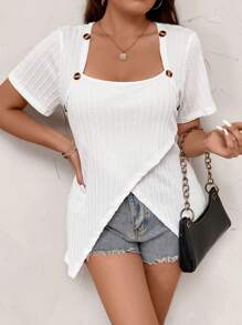 SHEIN LUNE Hơn Đường viền cổ áo của Queen Anne Bao bên Áo thun - trắng - Xem 1