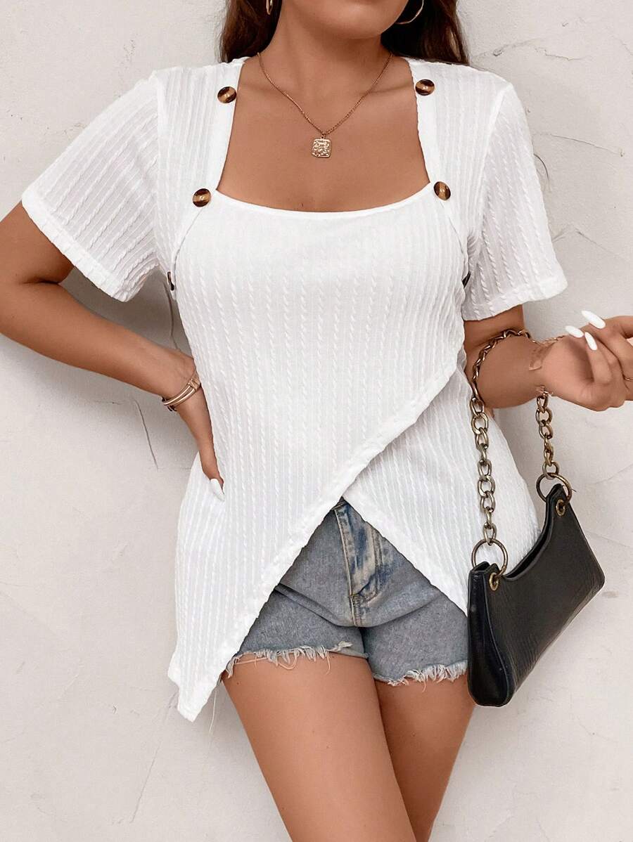 SHEIN LUNE Hơn Đường viền cổ áo của Queen Anne Bao bên Áo thun - trắng - Xem 1