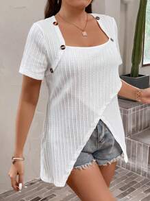 SHEIN LUNE Hơn Đường viền cổ áo của Queen Anne Bao bên Áo thun - trắng - Xem 3