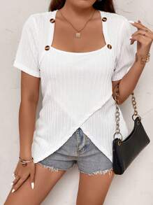 SHEIN LUNE Hơn Đường viền cổ áo của Queen Anne Bao bên Áo thun - trắng - Xem 7