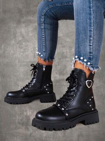 Goth Women Solid Studded Decor Lace-up Front Combat Boots, Punk Outdoor Fashion Boots