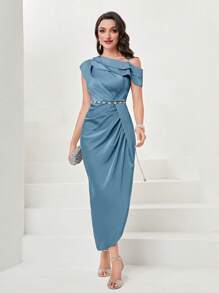 Modelyn Vestido sin cinturón con cuello asimétrico drapeado sólido para vestidos de noche largos - Neblina azul - Ver 5