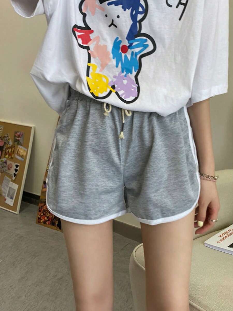 Quần short kiểu cá heo có dây rút, viền tương phản, phong cách thường ngày mùa hè. - Xám - Xem 1