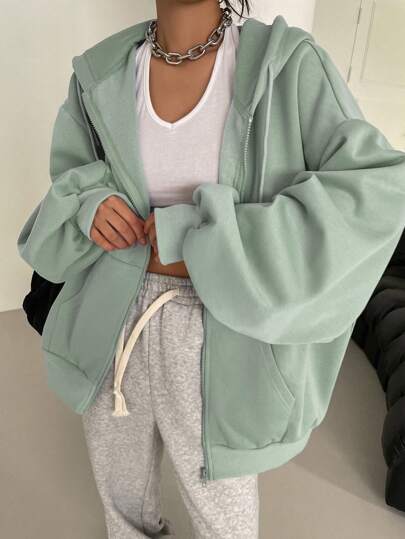 DAZY 拉链落肩抽绳保暖内衬连帽衫，秋季女装运动衫夹克