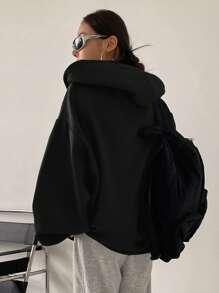 DAZY Zip Up Drop Shoulder Drawstring Thermal Lined Hoodie,Long Sleeve Tops,Fall Women Clothes Sweatshirt Jacket - Black - View 3