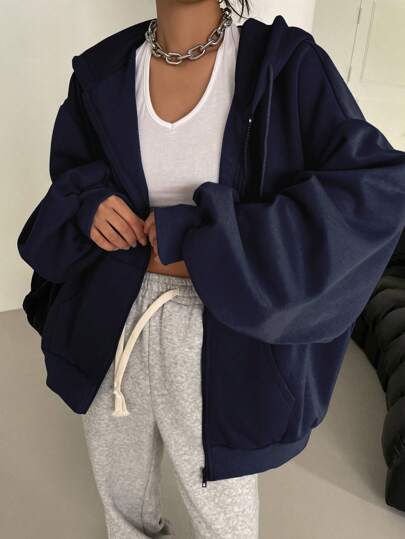 DAZY 拉链落肩抽绳保暖内衬连帽衫、长袖上衣、秋季女装运动衫夹克