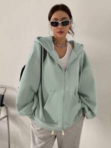 DAZY Sudadera con capucha con cremallera, hombros caídos y cordón, forrada térmicamente, ropa de mujer de otoño