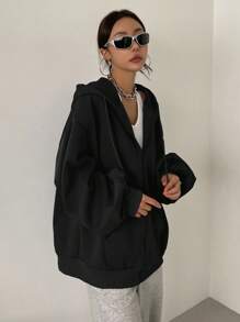 DAZY Zip Up Drop Shoulder Drawstring Thermal Lined Hoodie,Long Sleeve Tops,Fall Women Clothes Sweatshirt Jacket - Black - View 4