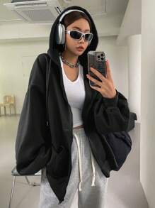 DAZY Zip Up Drop Shoulder Drawstring Thermal Lined Hoodie,Long Sleeve Tops,Fall Women Clothes Sweatshirt Jacket - Black - View 5