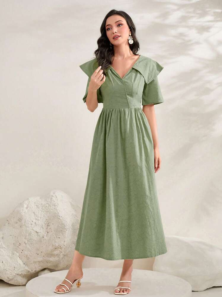Modelyn Chất rắn Cổ áo rộng Đầm - màu xanh lá - Xem 4