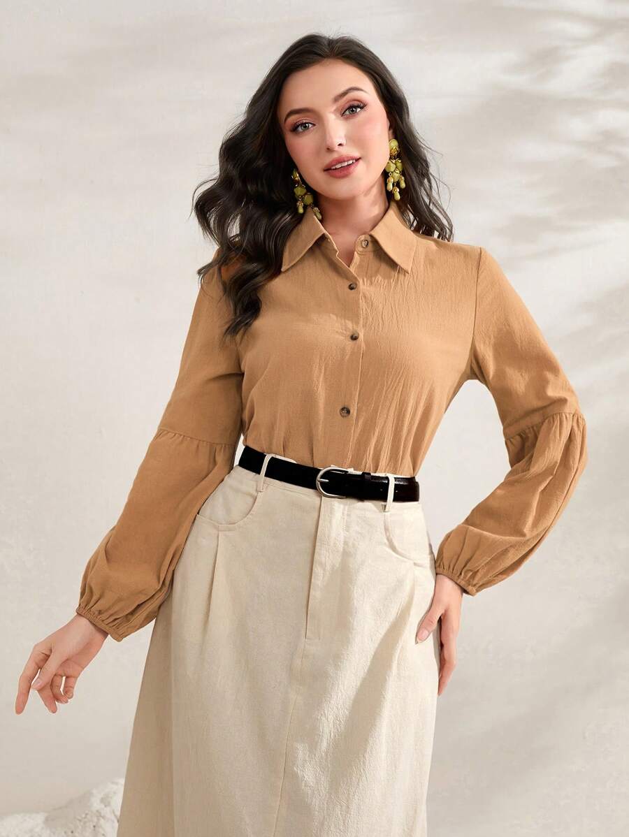 Seusyu Solid Button Front Shirt - Khaki - View 1