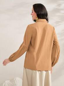 Seusyu Solid Button Front Shirt - Khaki - View 2