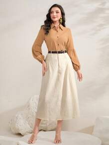 Seusyu Solid Button Front Shirt - Khaki - View 3