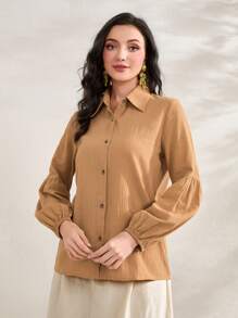 Seusyu Solid Button Front Shirt - Khaki - View 4