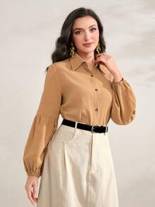 Seusyu Solid Button Front Shirt - Khaki - View 5