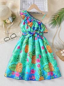 SHEIN Tween Girl Tropical Print Asymmetrical Neck Ruffle Trim Belted Dress - Multicolor - View 1