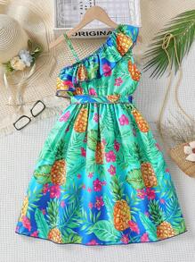 SHEIN Tween Girl Tropical Print Asymmetrical Neck Ruffle Trim Belted Dress - Multicolor - View 2