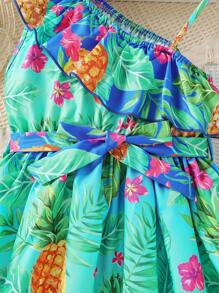SHEIN Tween Girl Tropical Print Asymmetrical Neck Ruffle Trim Belted Dress - Multicolor - View 4